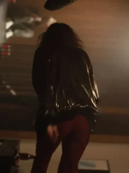 Rue Bennett Euphoria S02 Bomber Jacket back view in smooth black PU leather with a clean structured silhouette and bold bomber profile.