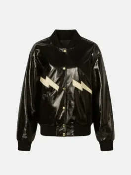 Rue Bennett Euphoria S02 Bomber Jacket front view highlighting the snap tab closure, rib knitted collar and bold black PU leather build.