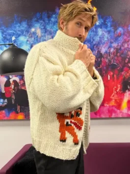 Project Hail Mary Ryan Gosling Rocky Grace Cardigan in professional white knitted fabric with luxury stand up collar.