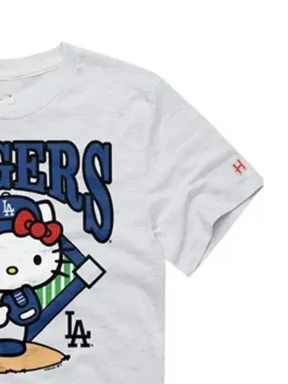 Hello Kitty x Los Angeles Dodgers T-Shirt by Sanrio featuring a rounded collar, grey tone, and a relaxed half sleeve pullover cut.