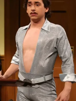 Saturday Night Live Marcello Hernandez Sequin Jumpsuit in dazzling grey sequin with a shirt collar, full sleeves and a bold confident stage-worthy pullover design.