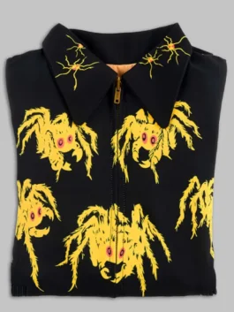Saturday Night Live S51 Jack White Jacket in striking black cotton with bold spider detailing and Jack White's fearless SNL Season 51 performance style.