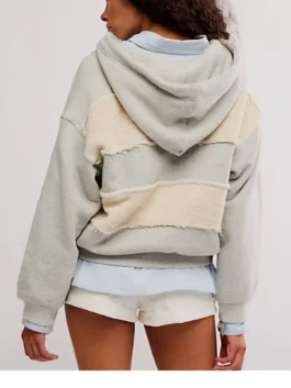 Saturday Night Live S51 Jane Wickline Striped Hoodie back view in soft light blue and white striped fleece with a clean structured hooded silhouette.