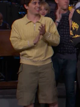 Saturday Night Live S51 Marcello Hernandez Yellow Sweater in cheerful yellow with a shirt collar, half zipper and a relaxed full sleeve everyday fit.