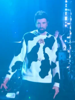 Saturday Night Live UK S01 Kasabian Cow Cardigan in playful black and white cow knit with a round neck collar and a cozy relaxed pullover everyday fit.