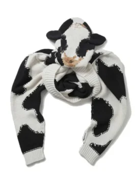 Saturday Night Live UK S01 Kasabian Cow Cardigan in striking black and white cow knit with rib knitted cuffs and Kasabian's iconic SNL UK performance vibe.