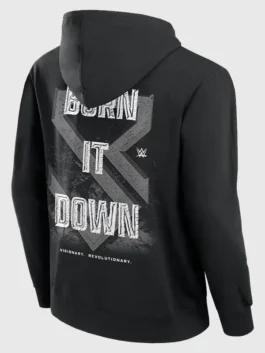 Seth Rollins Burn It Down Hoodie back view highlighting professional black panels and luxury ribbed hem.