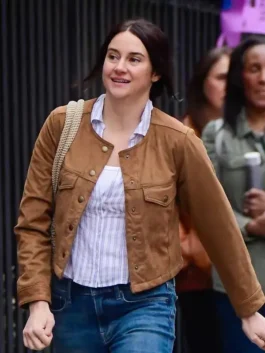 Shailene Woodley Count My Lies Brown Jacket in warm brown cotton with a round neck collar and Shailene Woodley's effortlessly natural Count My Lies style.