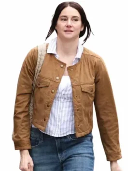 Shailene Woodley Count My Lies Brown Jacket in rich brown cotton with a round neck collar, button closure and Shailene Woodley's calm everyday character presence.