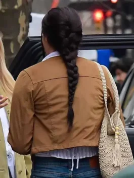 Shailene Woodley Count My Lies Brown Jacket back view in warm brown cotton with a clean relaxed full sleeve silhouette and a refined everyday character finish.