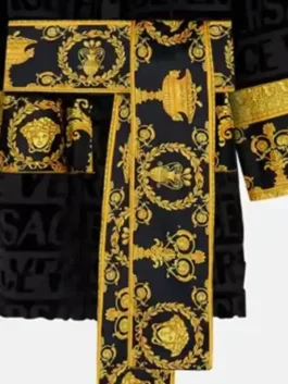 Versace Short Robe in professional finish with luxury hooded neckline and open hem cuffs.