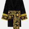 Versace Short Robe in professional black terry fabric with luxury hooded collar design.