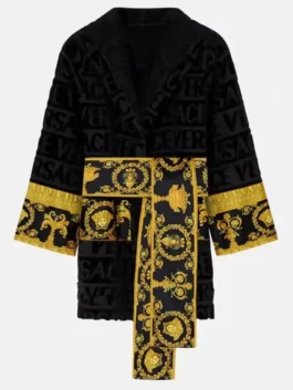 Versace Short Robe in professional black terry fabric with luxury hooded collar design.