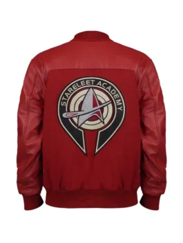Star Trek Darem Reymi Bomber Jacket back view highlighting professional red finish and luxury rib knitted hemline.