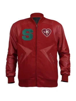Star Trek Darem Reymi Bomber Jacket front view in professional red wool and luxury leather sleeves.