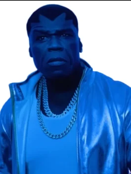 Balrog Street Fighter 2026 Satin Jacket as worn by 50 Cent in striking silver satin with a stand up collar and a bold commanding zip-up silhouette.