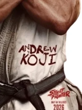 Street Fighter 2026 Andrew Koji Costume in clean white fleece with a long V neck collar and Ryu's iconic belted sleeveless fighting silhouette.