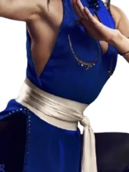 Street Fighter Movie Callina Liang Blue Outfit from 2026 in bold blue cotton with a sleeveless belted design and Chun-Li's fierce stand up collar build.