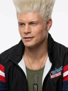 Street Fighter 2026 Cody Rhodes Parachute Jacket in bold navy and black parachute fabric with a stand up collar and Cody Rhodes's commanding Street Fighter presence.