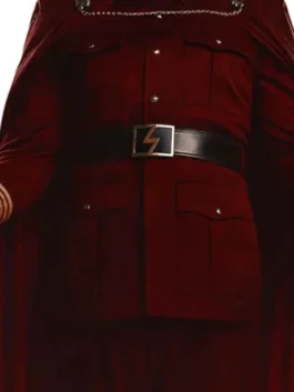 Street Fighter 2026 David Dastmalchian Costume front view in rich maroon velvet with a shirt collar and M. Bison's commanding button-up presence.