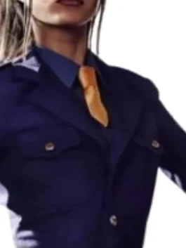 Street Fighter 2026 Juli Overcoat in striking blue cotton with a lapel collar, button closure and Juli's bold commanding everyday Street Fighter 2026 silhouette.