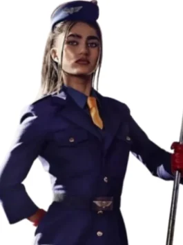 Street Fighter 2026 Juli Overcoat in bold blue cotton with a clean lapel collar and Juli's sharp and commanding Street Fighter 2026 screen presence.