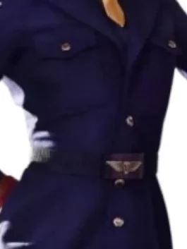 Street Fighter 2026 Juli Overcoat front view in clean blue cotton with a sharp lapel collar, button closure and Juli's bold Street Fighter silhouette throughout.