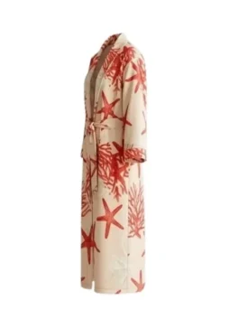 Street Fighter 2026 Noah Centineo Star Fish Print Robe as Ken Masters in beige cotton with bold red coral starfish print and a relaxed belted shawl lapel build.