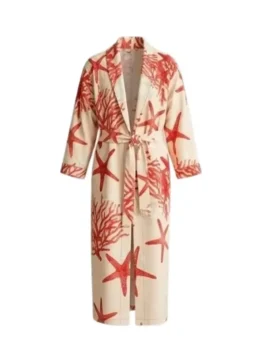 Street Fighter 2026 Noah Centineo Star Fish Print Robe in relaxed beige cotton with red coral starfish print, shawl lapel collar and an easy belted everyday closure.