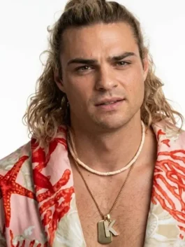 Street Fighter 2026 Noah Centineo Star Fish Print Robe in beige cotton with red coral starfish print, shawl lapel collar and a relaxed belted full sleeve silhouette.