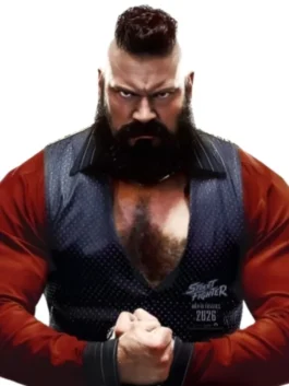 Street Fighter 2026 Zangief Black Vest in clean black fabric with a sharp button closure and Zangief's bold and dominant Street Fighter 2026 fighting presence.