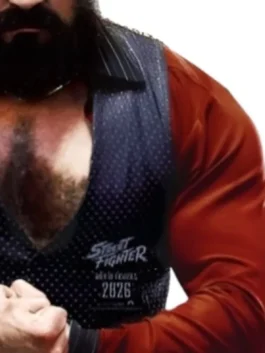 Street Fighter 2026 Zangief Black Vest in bold black fabric with a clean button closure and Zangief's commanding Street Fighter 2026 screen presence.