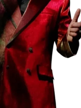 Street Fighter Eric Andre Blazer as Don Sauvage in bold red suiting with a lapel hood and a sharp double breasted silhouette full of Street Fighter villain energy.