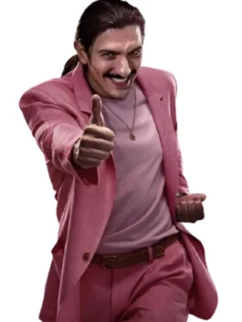 Street Fighter Andrew Schulz Wool Blazer in vibrant pink wool with a classic lapel collar and a sharp confident button-up Street Fighter inspired everyday silhouette.