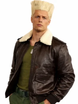 Street Fighter Cody Rhodes Shearling Jacket in deep brown real leather with a cozy shearling collar and a sharp zip-up silhouette full of rugged everyday appeal.