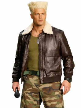 Street Fighter Cody Rhodes Shearling Jacket in rich brown real leather with shearling collar, rib knitted cuffs and Cody Rhodes's bold fearless Street Fighter silhouette.