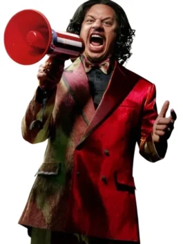 Street Fighter Eric Andre Blazer in striking red suiting with a bold lapel hood, double breasted buttons and a sharp commanding everyday blazer silhouette.