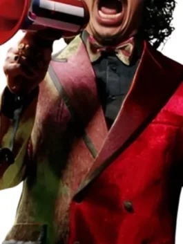 Street Fighter Eric Andre Blazer in vivid red suiting with a lapel hood collar, double breasted closure and Eric Andre's bold commanding Street Fighter silhouette.
