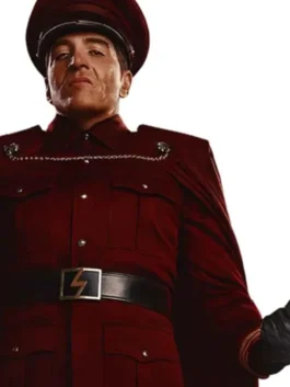 Street Fighter 2026 David Dastmalchian Costume as M. Bison in deep maroon velvet with a commanding shirt collar and a bold structured button-up silhouette.