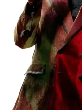 Street Fighter Eric Andre Blazer in bold red suiting with a lapel hood, double breasted buttons and Eric Andre's wild Street Fighter 2026 screen energy.
