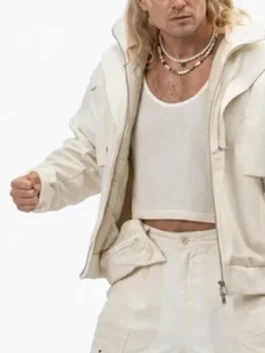 Noah Centineo Street Fighter 2026 Hooded Jacket as Ken Masters in bold white wool with a stand up hood and a commanding zip-up Street Fighter silhouette.