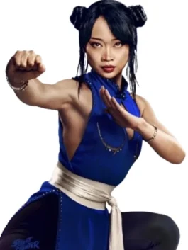 Street Fighter Movie Callina Liang Blue Outfit in bold blue cotton with a stand up collar, belted closure and Chun-Li's fearless sleeveless fighting silhouette.