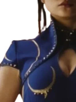 Street Fighter Movie Callina Liang Blue Outfit in striking blue cotton with a stand up collar and Chun-Li's iconic belted sleeveless movie fighting look.