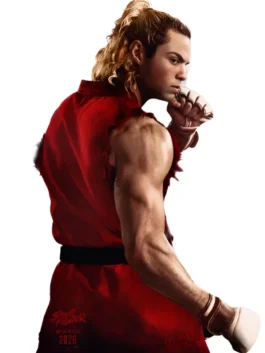 Street Fighter Noah Centineo Costume in bold red fleece with a long V neck collar and Ken Masters's fierce belted sleeveless Street Fighter presence.