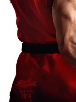 Street Fighter Noah Centineo Costume back view in bold red fleece with a clean structured sleeveless silhouette and Ken Masters's fierce Street Fighter presence.