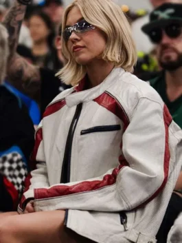 NASCAR Championship Sydney Sweeney White Jacket as worn by Sydney Sweeney in striking white leather with bold red accents and a commanding racing-inspired presence.