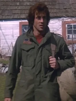 Sylvester Stallone M65 Field Jacket in durable green cotton with a shirt style collar and a rugged field-ready casual silhouette.