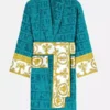 Teal Versace Robe featuring professional fabric panels and a luxury belted closure.