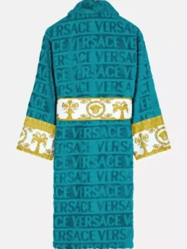 Teal Versace Robe back view highlighting professional blue finish and luxury full length sleeves.