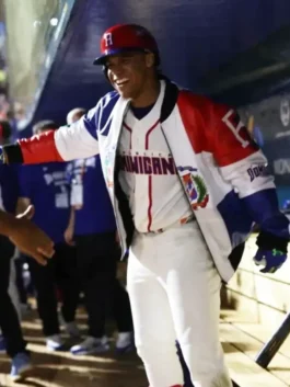 Team Dominican Republic Home Run Jacket featuring professional fabric panels and a luxury zipper closure.